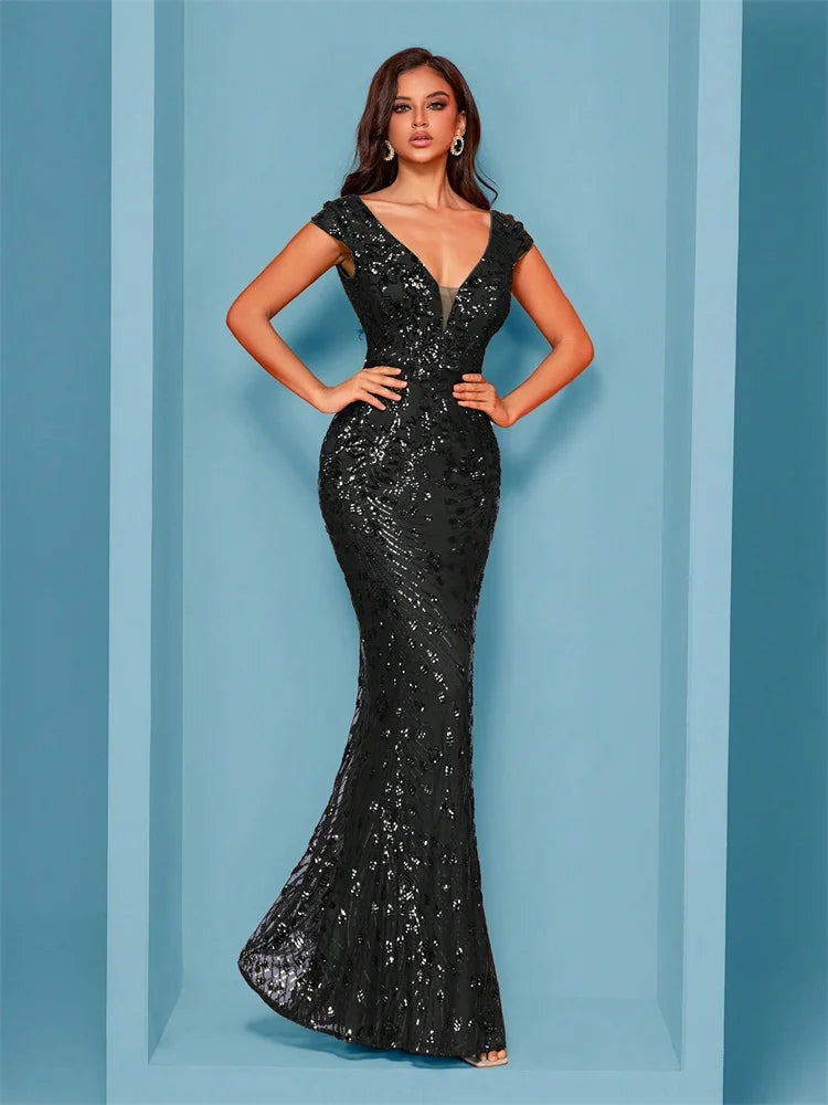 Elegant Champagne Evening Dress For Women Long 2024 Luxury Mermaid Formal Sequins Prom Wedding Party Cocktail Dresses