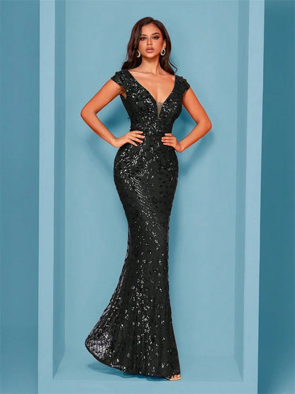 Elegant Champagne Evening Dress For Women Long 2024 Luxury Mermaid Formal Sequins Prom Wedding Party Cocktail Dresses