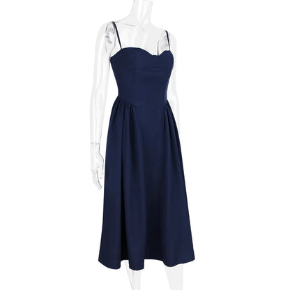 Women Elegant Sleeveless Backless Pleated Dresses Lady Sexy Solid Sling Midi Dress 2024 Female Party Evening A-line Robes