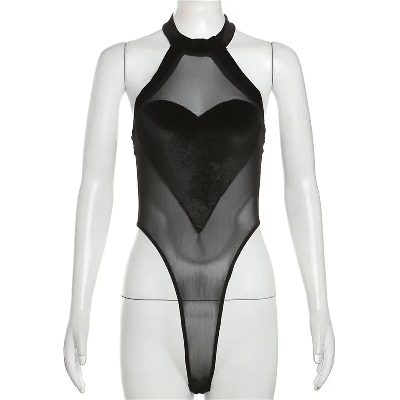 Flocking Heart Sexy Bodysuit Lingerie See Through Mesh One-pieces Body Feminino Sleeveless Bustier Black Tops Women Neck-mounted