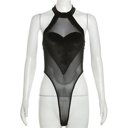 Flocking Heart Sexy Bodysuit Lingerie See Through Mesh One-pieces Body Feminino Sleeveless Bustier Black Tops Women Neck-mounted