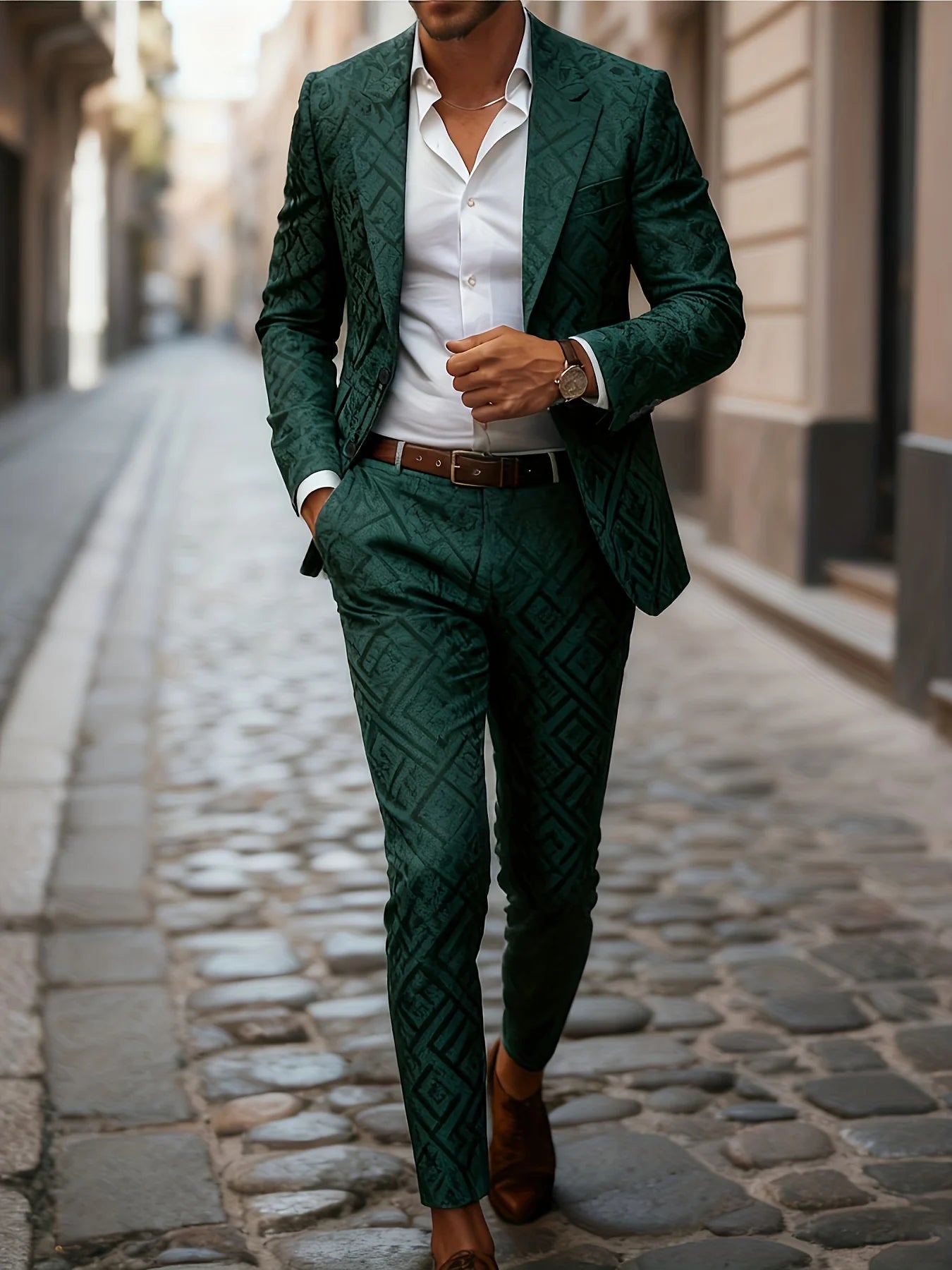 European American Style Men's Business Suit Set Two-Piece Suit Trousers Retro Green Color-Block Plaid Print