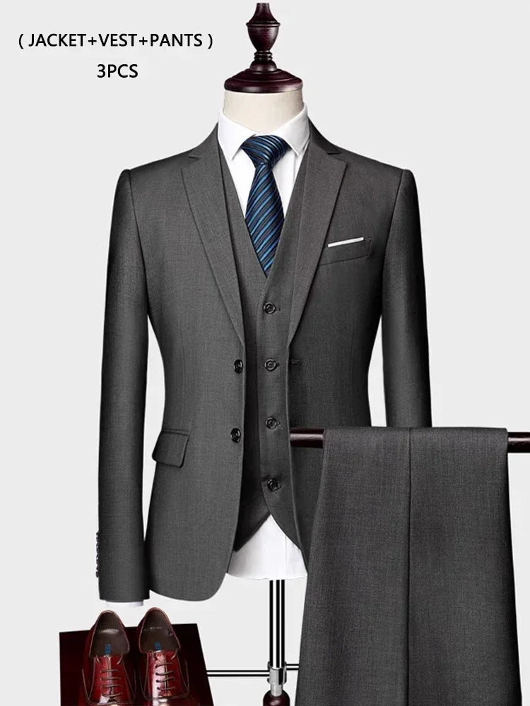 ( Jacket +Vest+ Pants ) Luxury Men's High-end Brand Solid Color Business Office Suit 3Pcs & 2Pcs Groom Wedding Party Suit Tuxedo