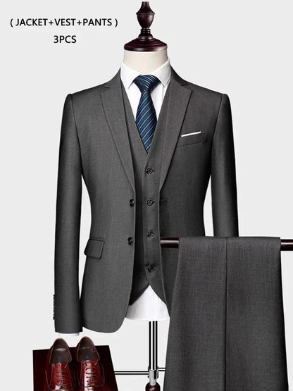 ( Jacket +Vest+ Pants ) Luxury Men's High-end Brand Solid Color Business Office Suit 3Pcs & 2Pcs Groom Wedding Party Suit Tuxedo