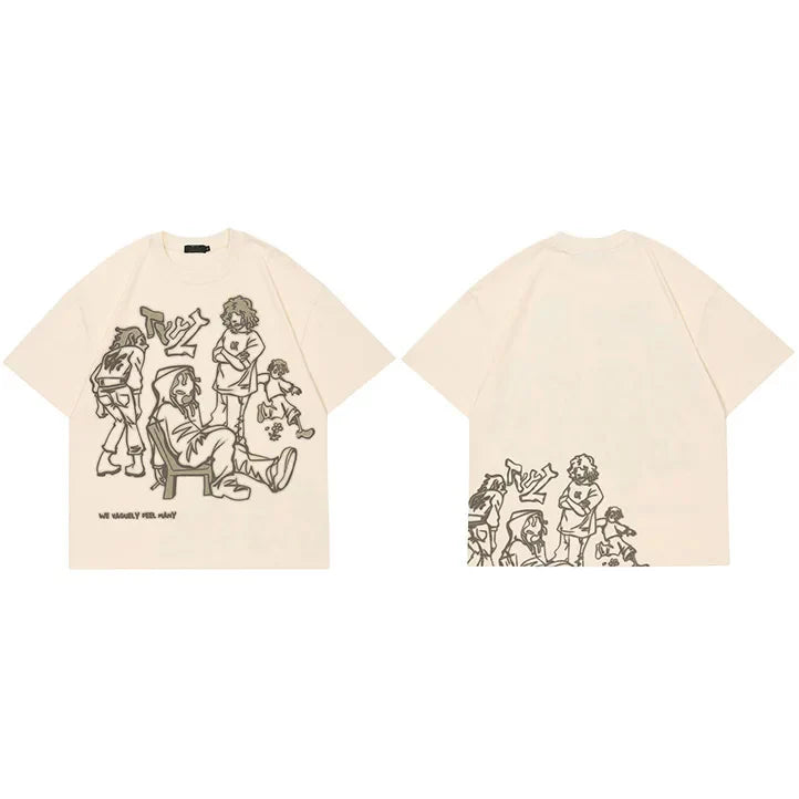 Harajuku Cartoon Girl Cat Japanese Kanji Graphic T Shirt Streetwear Men T-Shirt Summer Short Sleeve Tshirt Tops Tees Unisex
