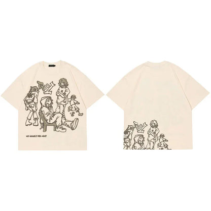 Harajuku Cartoon Girl Cat Japanese Kanji Graphic T Shirt Streetwear Men T-Shirt Summer Short Sleeve Tshirt Tops Tees Unisex