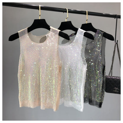 Crystal Beading Shiny Tanks Party Club Sexy Hollow Out Diamonds Stamping Camis Winky Sleeveless Vest