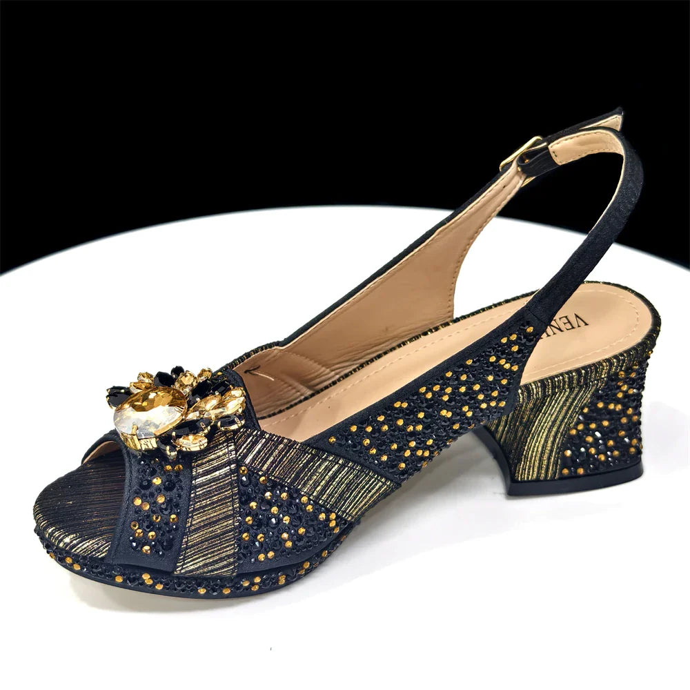 Elegant Green Peep-Toe Heel Pumps for Women with Diamond Accents - Italian Matching Shoes and Bags Set for Parties