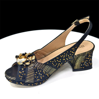 Elegant Gold Peep-Toe Heels with Diamond Accents - Italian Matching Pumps and Bag Set for Parties