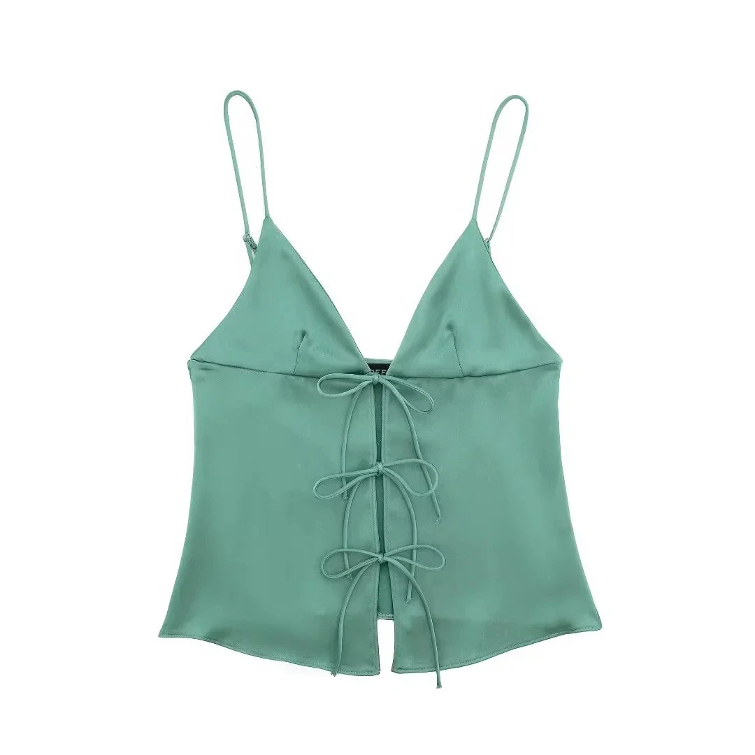 Women Front Bow Tie Top Elegant V Neck Solid Camis Sleeveless Backless Sexy Lady Straps Tanks Y2k Female Slim Crop Tops