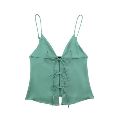 Women Front Bow Tie Top Elegant V Neck Solid Camis Sleeveless Backless Sexy Lady Straps Tanks Y2k Female Slim Crop Tops