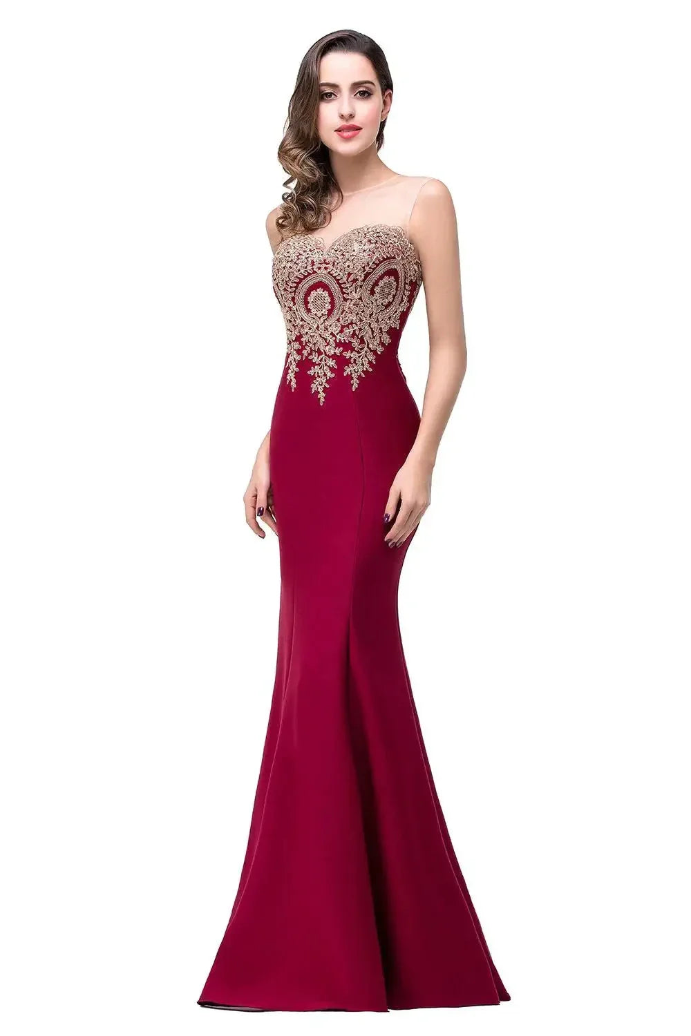 Elegant Mermaid Evening Dress Women Sweetheart Illusion Golden Appliques Lace Wedding Party Prom Gown Robe de Soiree
