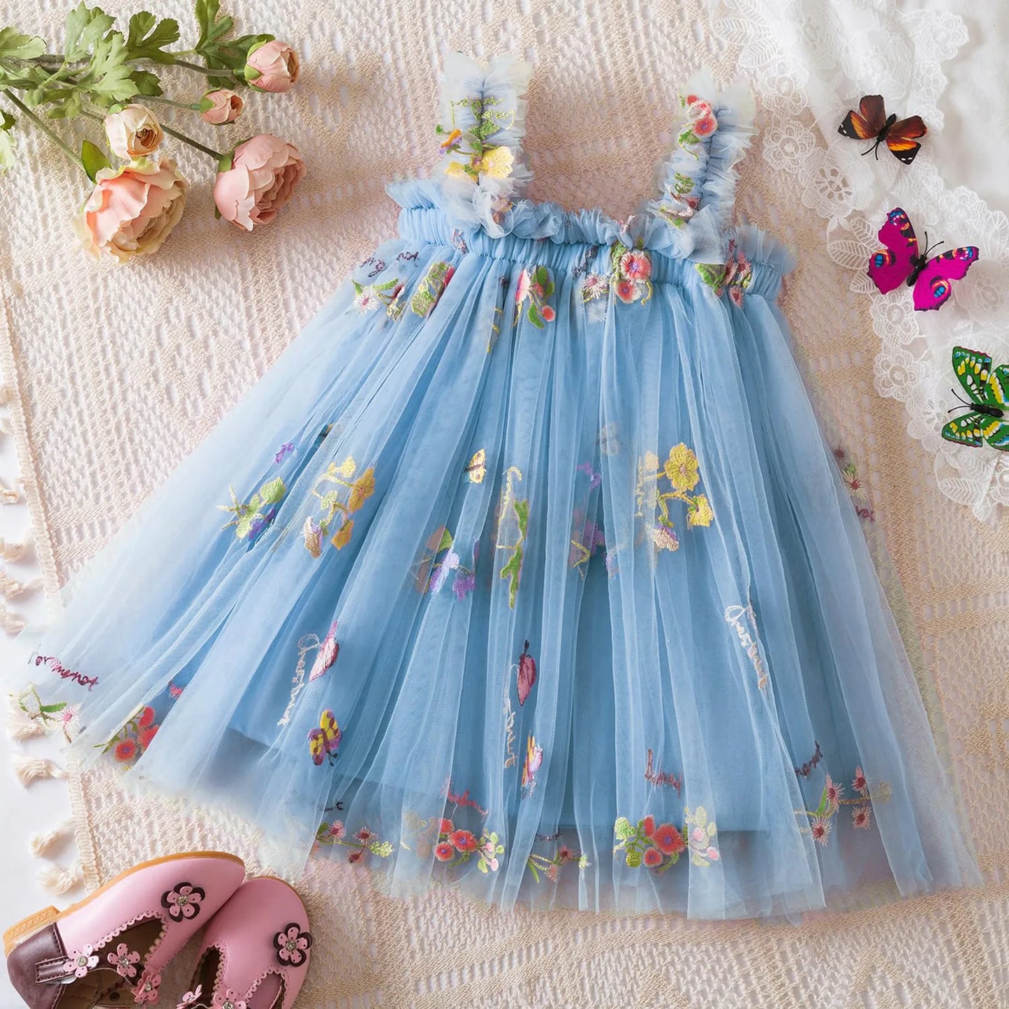 Outdoor Summer Cute Princess Dress Toddler Baby Girls Embroidery Flower Suspender Mesh Dresses Birthday Party Princess Dresses