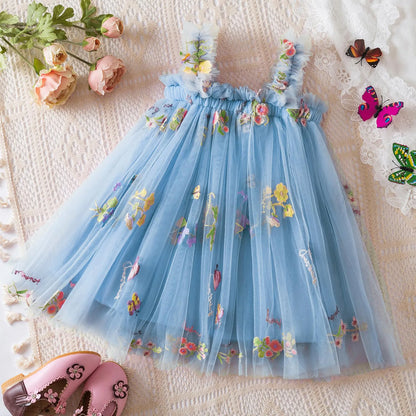 Outdoor Summer Cute Princess Dress Toddler Baby Girls Embroidery Flower Suspender Mesh Dresses Birthday Party Princess Dresses