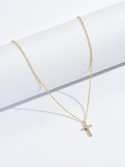 Fashion New Zircon Inlaid Cross Necklace Pendant Jewelry for Women Gold Color Long Clavicle Chain Necklaces