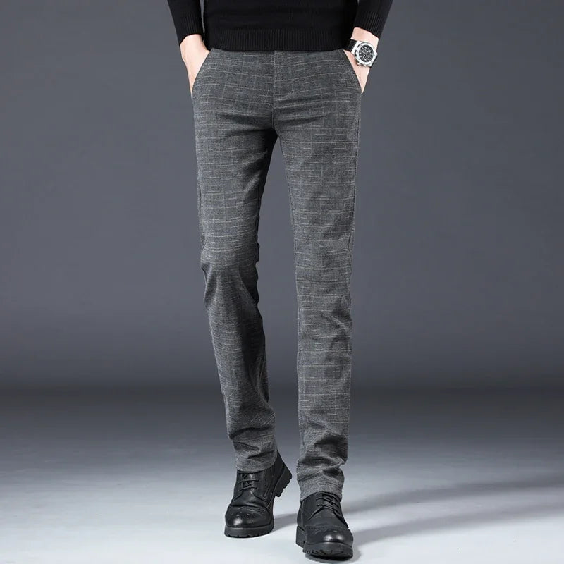 Spring Autumn New Men's Plaid Pants Black Blue Business Casual Formal Fashion Korean Classic Male Clothes Straight Trousers