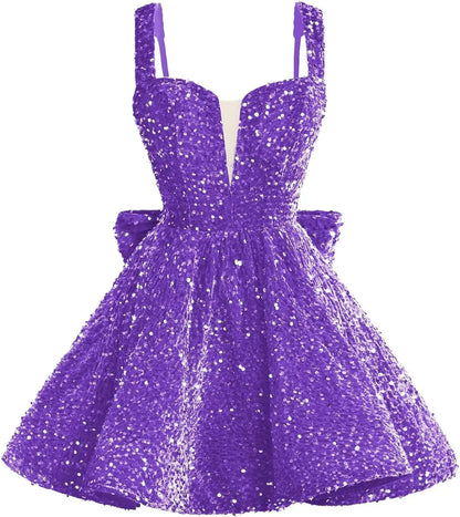 Sparkly Sequin Homecoming Dresses 2026 Short Spaghetti Straps V Neck Cocktail Party Gowns with Bow  Mini Dress Graduation Dress