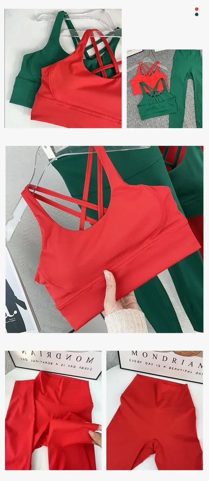 Christmas style 2-piece yoga suit Solid color gym fitness set cross back yoga top Peach butt yoga pants Pilates running suit