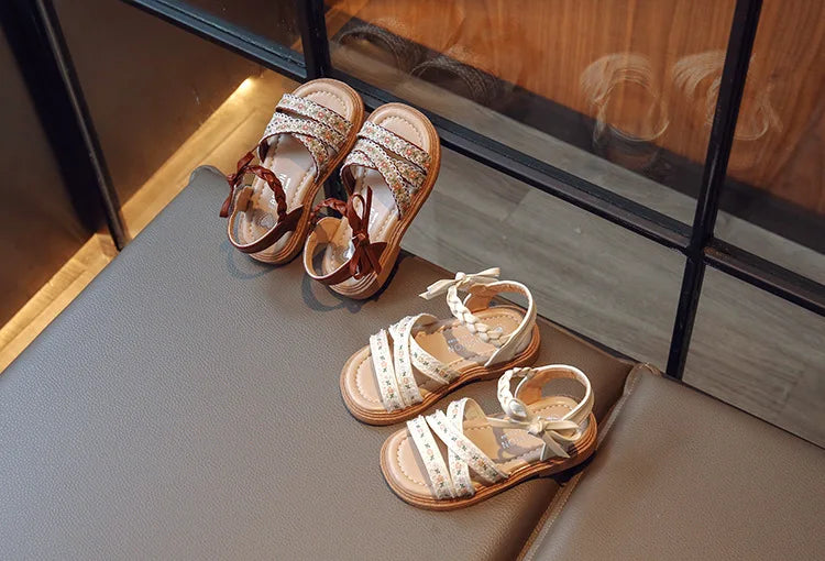 Summer Girls Sandals Fashion Embroider Flower Children Princess Shoes Open-toe Sweet Bowknot Kids Causal Flat Sandals Soft Soled