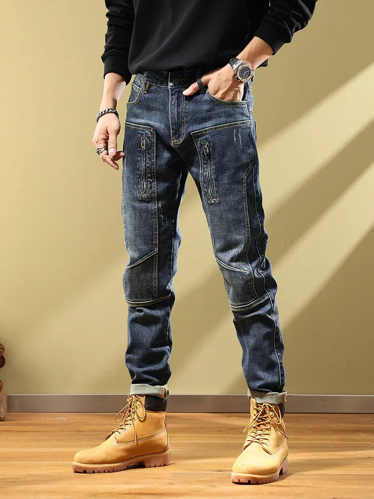 Man Cowboy Pants with Pockets Men's Jeans Motorcycle Tapered Trousers Straight Retro Trend 2025 Classic Stylish Goth Denim Buggy