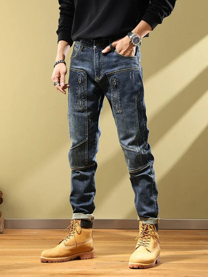 Man Cowboy Pants with Pockets Men's Jeans Motorcycle Tapered Trousers Straight Retro Trend 2025 Classic Stylish Goth Denim Buggy