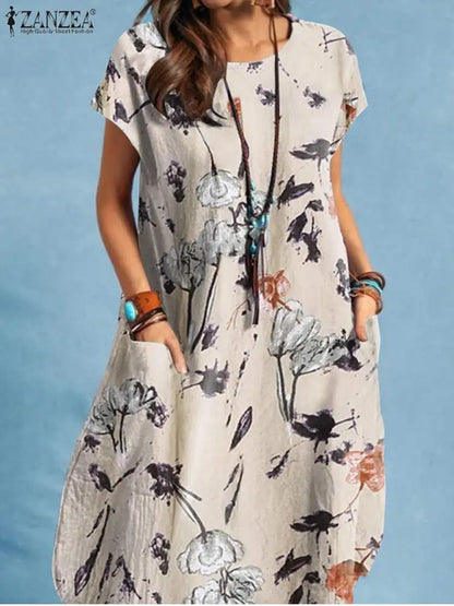 Women Summer Dress Bohemian Floral Print Vestido O-Neck Short Sleeve Pockets Sundress Fashion Casual Elegant Holiday Robe