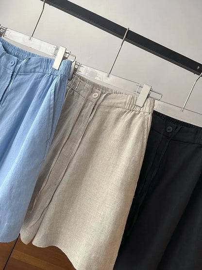 Japanese Simple Solid Color Pure Cotton Linen Casual Versatile Straight Elastic Waist Shorts Women's Middle Pants