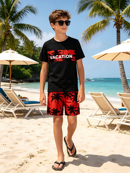 Tween Boys Casual Coconut Tree Print Short Sleeve And Shorts Set for Outdoor Beach Vacation Style Spring/Summer Gift Idea