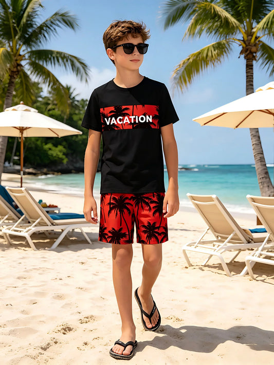 Tween Boys Casual Coconut Tree Print Short Sleeve And Shorts Set for Outdoor Beach Vacation Style Spring/Summer Gift Idea