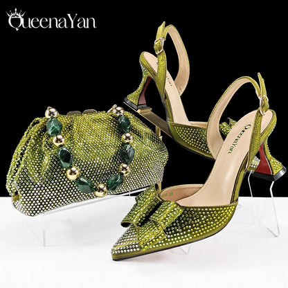 Newest Full of Rhinestone Design Olive Color Lady Sheos and Metal Bead-Embellished Handbag Set for Parrt Wedding