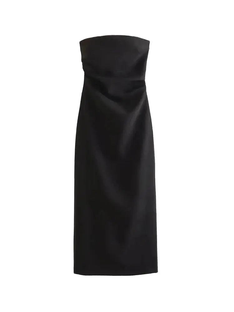 Women Fashion Strapless Gathered Midi Dress Sexy Straight Neck Back Slit Female Dresses Vestidos Mujer