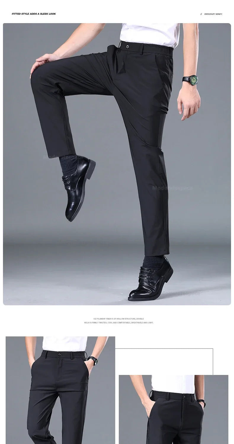Summer Thin Stretch Trousers Men Elastic Waist Korean Classic Black Gray Blue Business Casual Formal Pants Male Brand