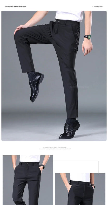 Summer Thin Stretch Trousers Men Elastic Waist Korean Classic Black Gray Blue Business Casual Formal Pants Male Brand