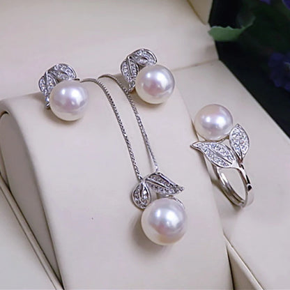 Real Pearl  ring Necklace Earrings For Women,Natural Freshwater White Pearl Jewelry Set 925 Sterling Silver Jewelry Sets Gift