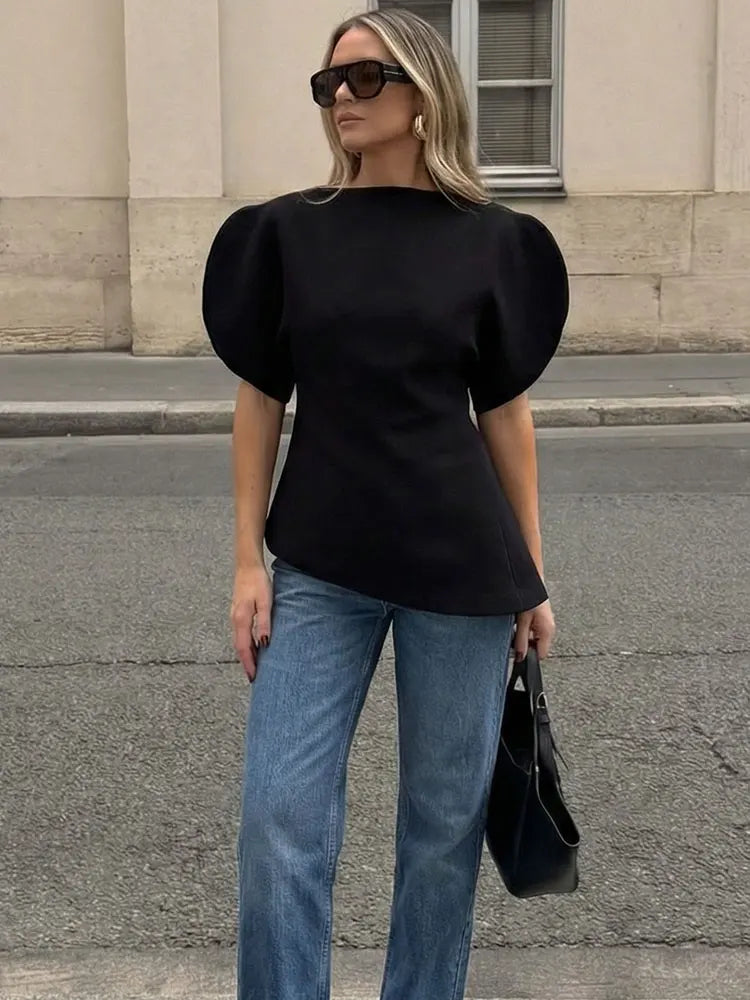 Spring Puff Sleeve Blouse For Women Casual O Neck Short Sleeve Shirts Summer Woman Fashion Solid Office Lady Chic Tops