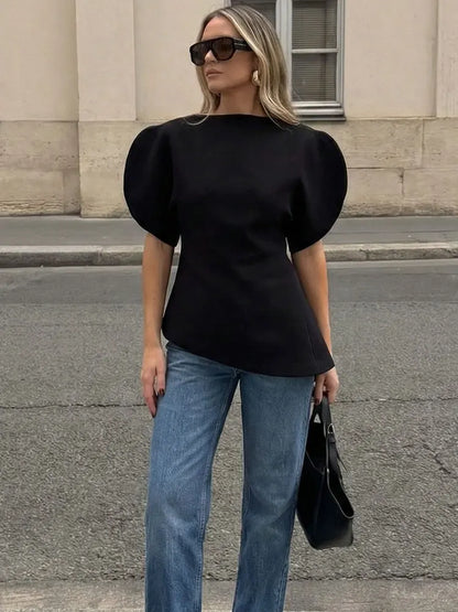Spring Puff Sleeve Blouse For Women Casual O Neck Short Sleeve Shirts Summer Woman Fashion Solid Office Lady Chic Tops