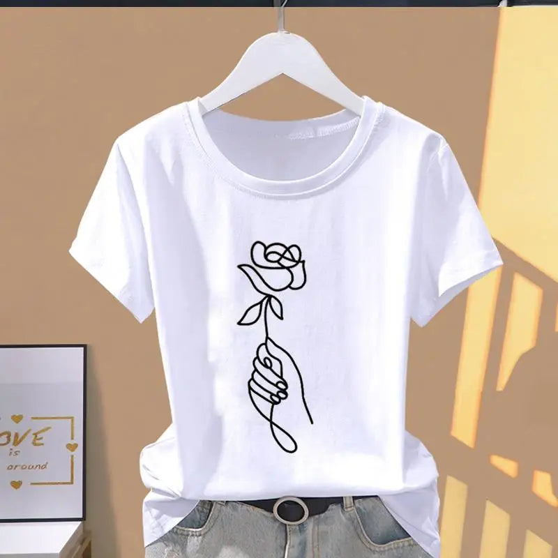 Classic best-selling pink trapezoid pattern printed women's round-neck short-sleeved T-shirt, fashionable sporty Summer Modal