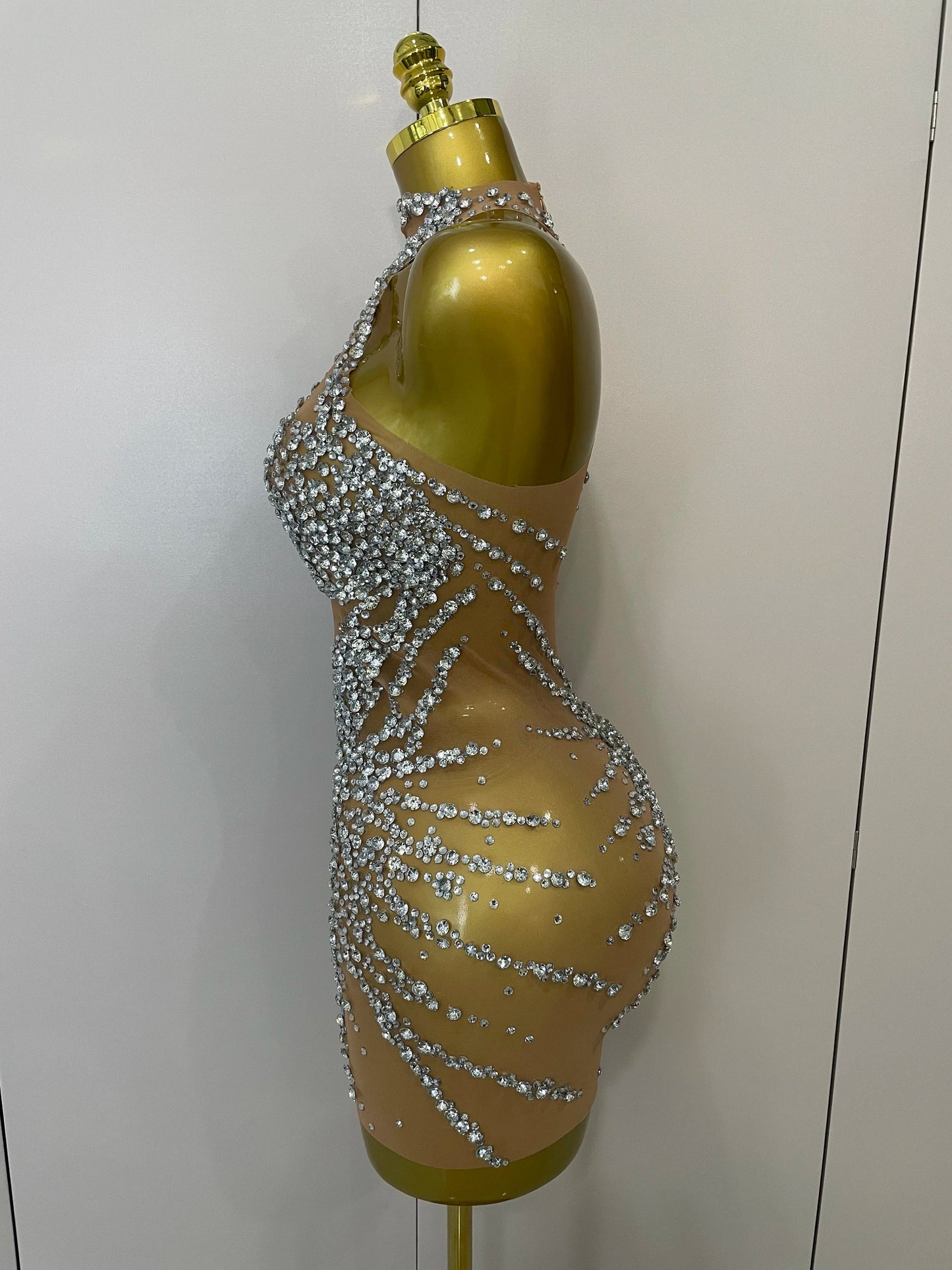 Rhinestones Sexy Mesh See Through Dress Party Evening Prom Celebrate Birthday Dress Singer Dancer Show Stage Wear
