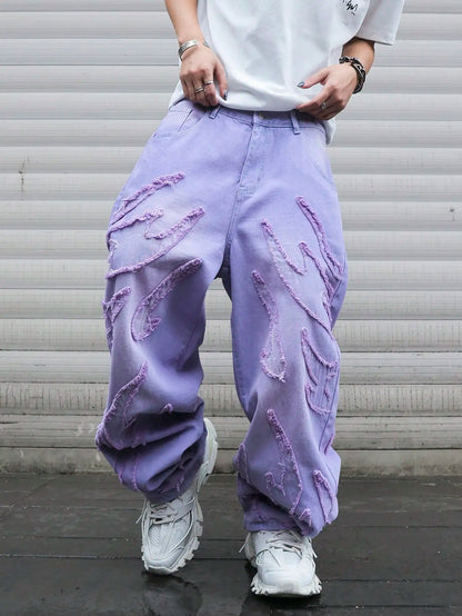 High - street style purple distressed frayed jeans for men, loose, trendy street hip - hop wide - leg pants