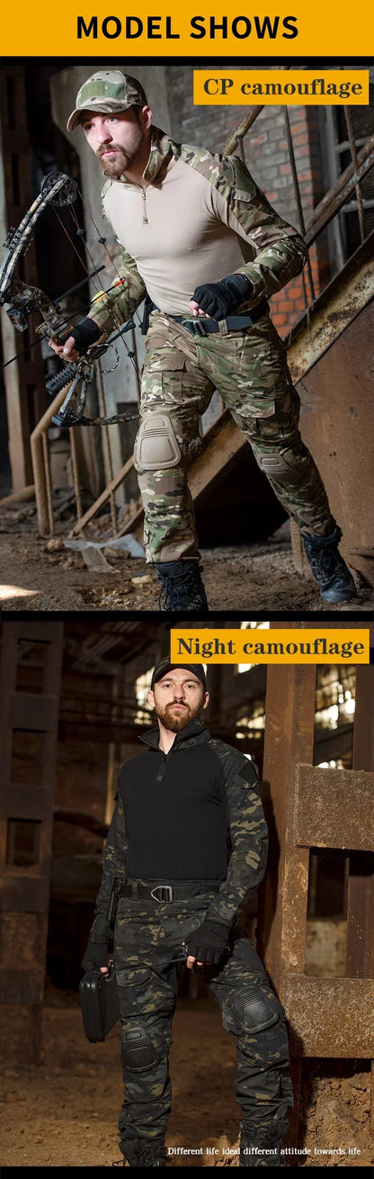Outdoor Tactical Uniform Military Camo Hiking Training Shirts Workwear Cargo Pants+Pads Airsoft Paintball Hunting Clothes Sets