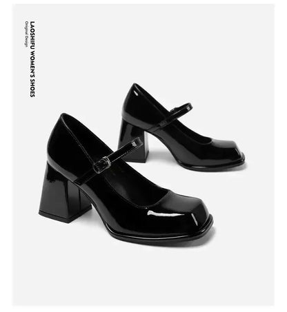 Mary Janes Vintage Black Sandals Woman Buckle Casual Medium Heels Office Ladies Solid Elegant Heels Korean 2024 Summer