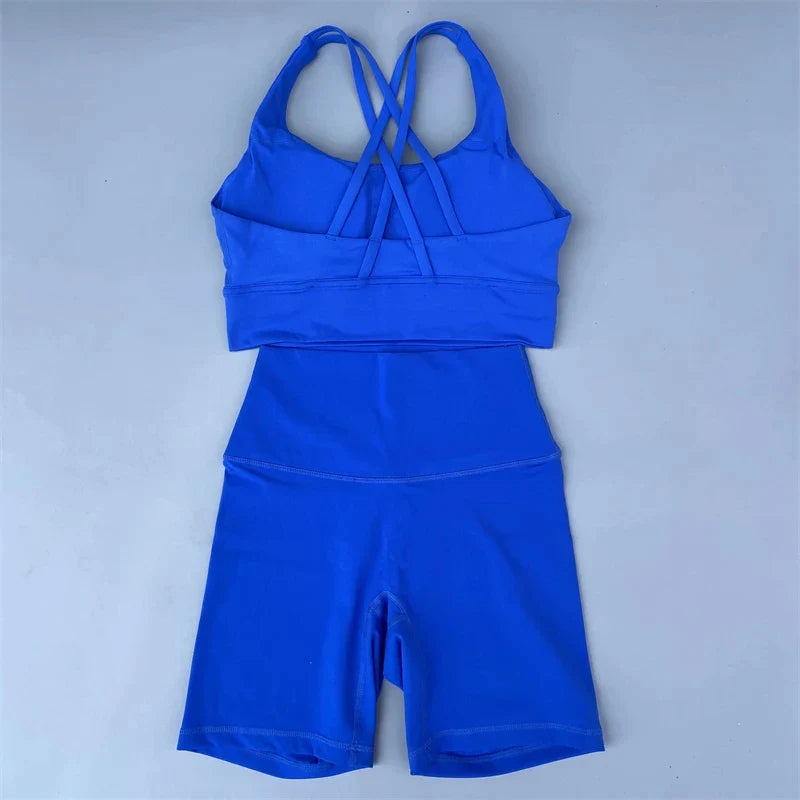 Solid Color soft gym Yoga Set short Legging +cross sport bra Tracksuit  Women Gym Suit Comprehensive Training Jogging Athletic