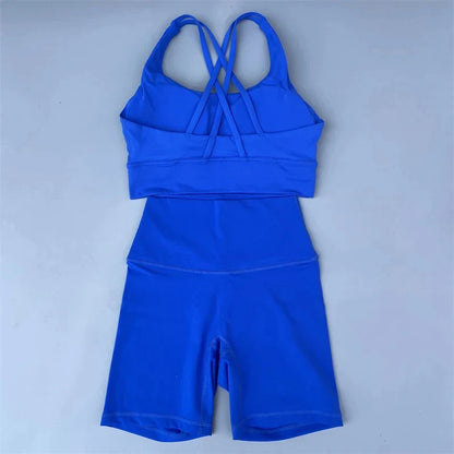 Solid Color soft gym Yoga Set short Legging +cross sport bra Tracksuit  Women Gym Suit Comprehensive Training Jogging Athletic