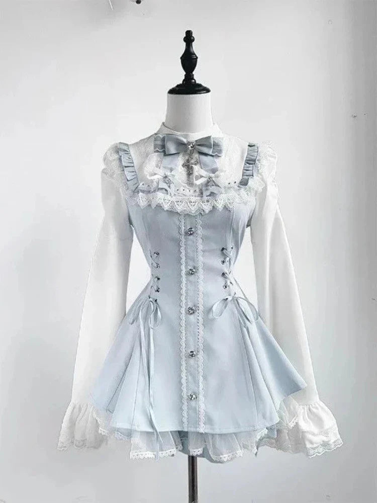 Y2k Aesthetic Lolita Style Bow Dress Shorts Set Japanese Women Gothic Lace Flare Sleeve Button Shirt Dress Punk Party Mini Dress