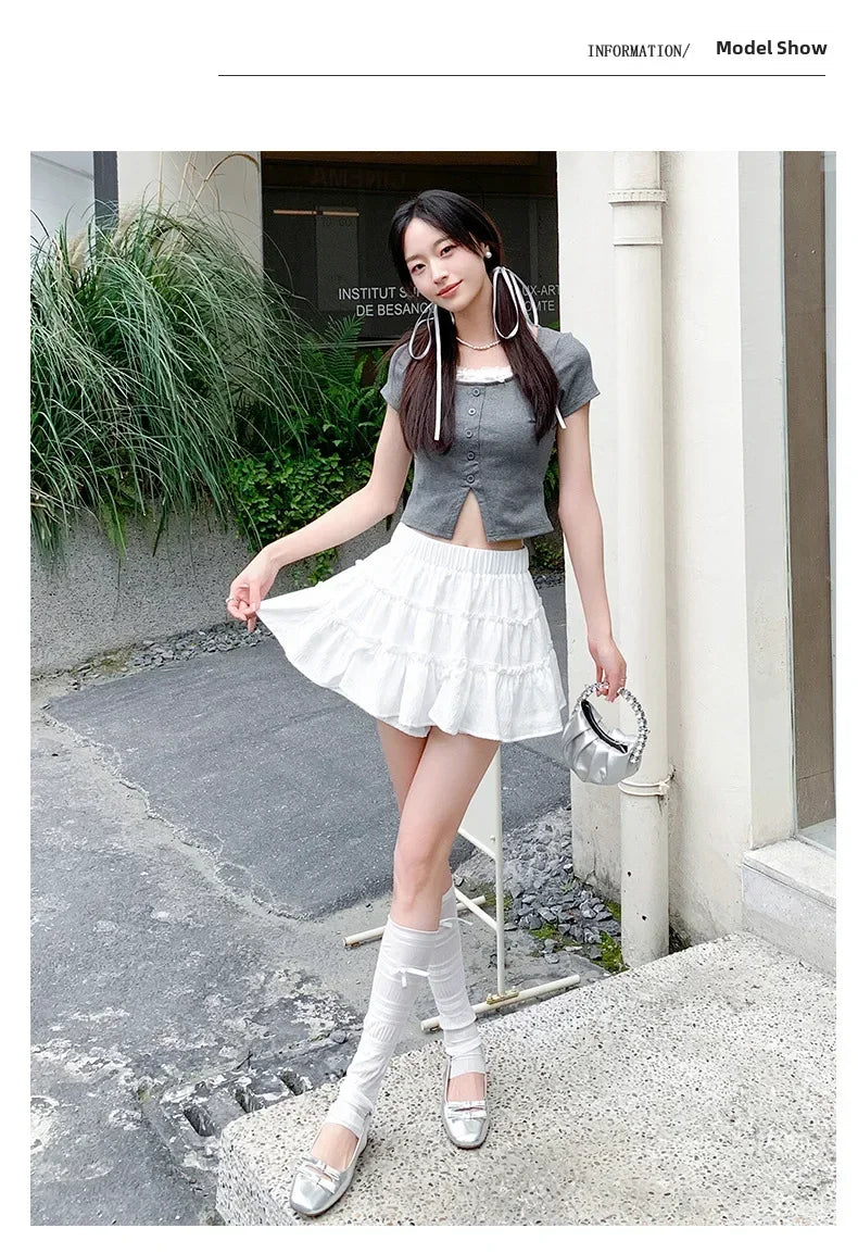Elegant pink mini dress new summer thin style French ballet design cake skirt lace edge WOMEN'S JK skirt