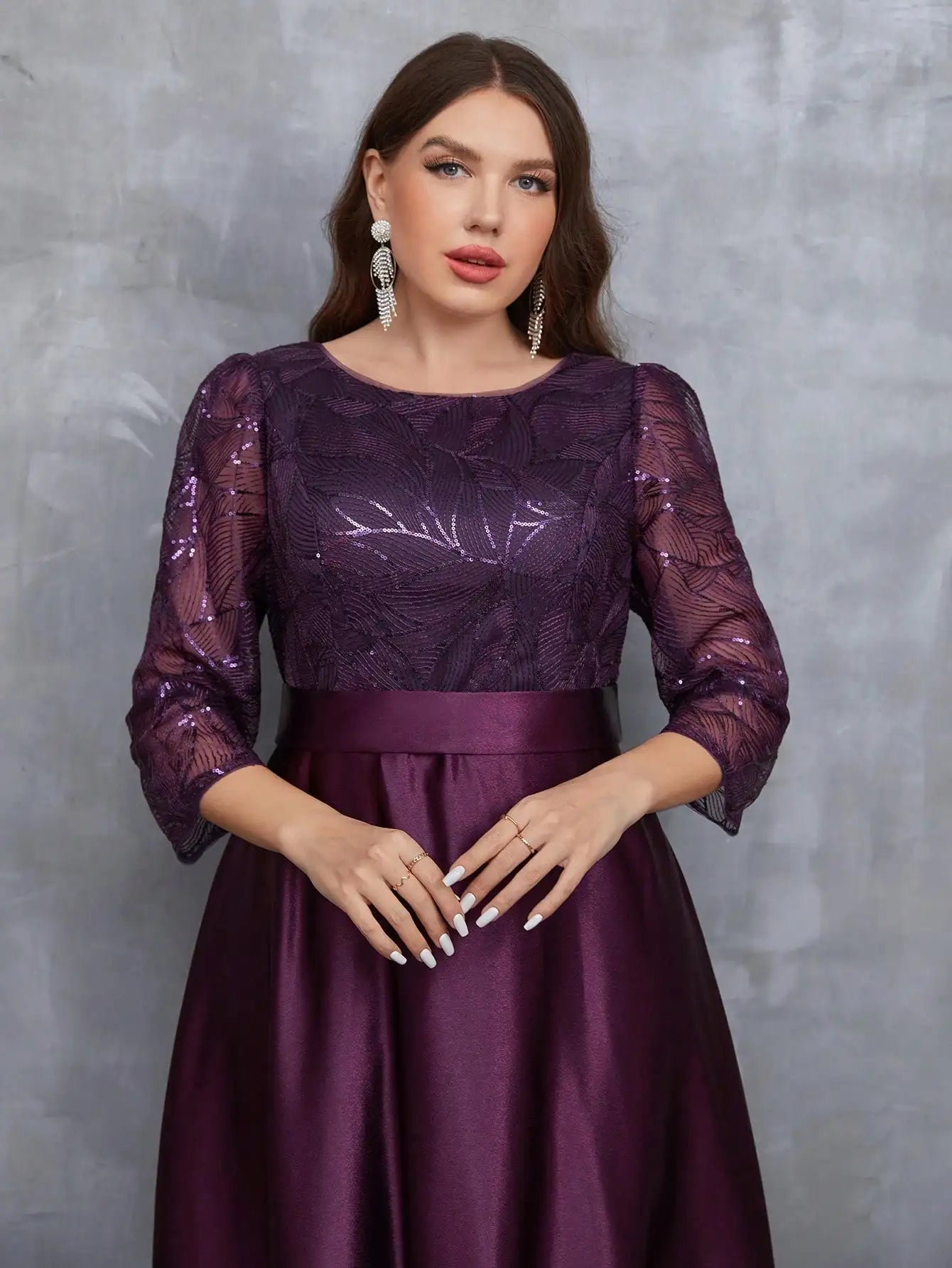 Neck long sleeve sequin patchwork satin long gown ball dress Party dress Bridesmaid dress