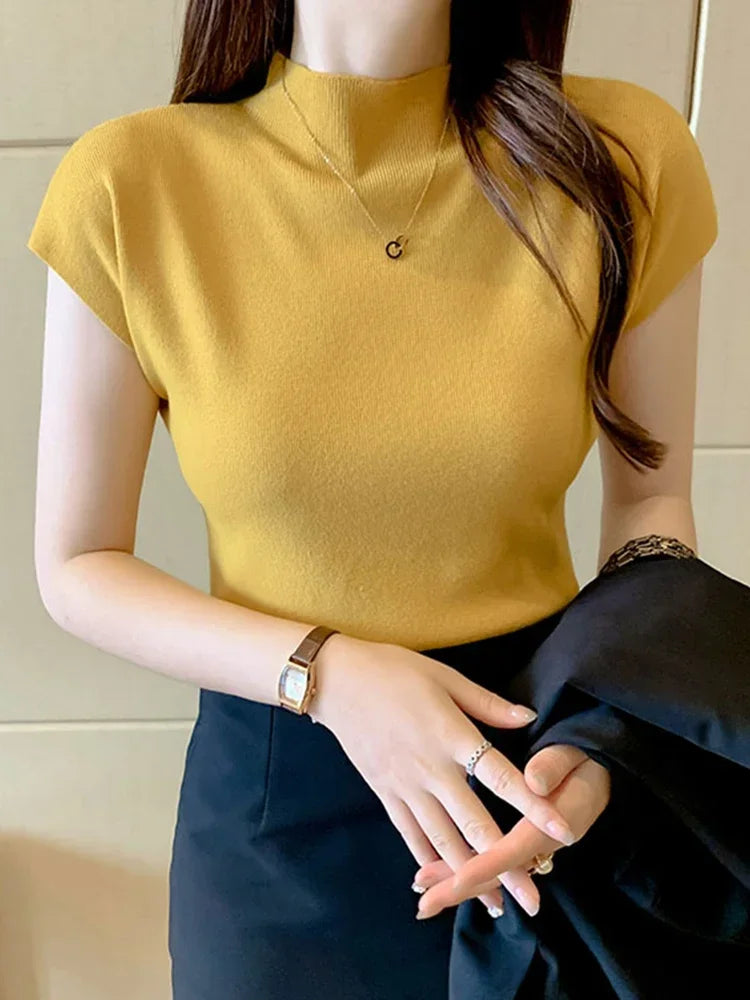New Women Summer Knitted Turtleneck Sleeveless T-Shirts Tops Solid Slim Fit Pullovers Causal Tees Female Streetwear Basics Tees