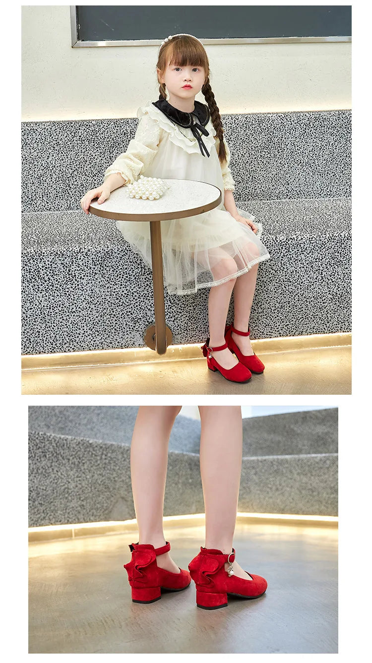 Little Girls Leather Shoes High Heel Baby Girls Party Shoes Bowknot Kid High Heel Shoes for 2023 Spring Princess Pink Shoes PU