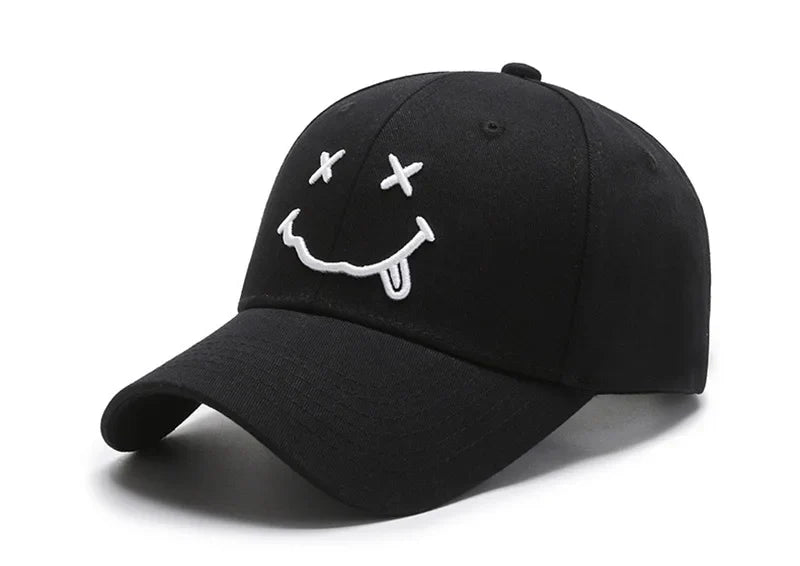 Women's Smiley Face Embroidery Baseball Caps Kpop Black Cotton Adjustable