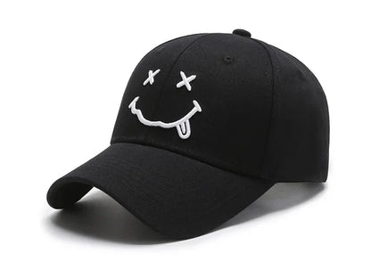 Women's Smiley Face Embroidery Baseball Caps Kpop Black Cotton Adjustable